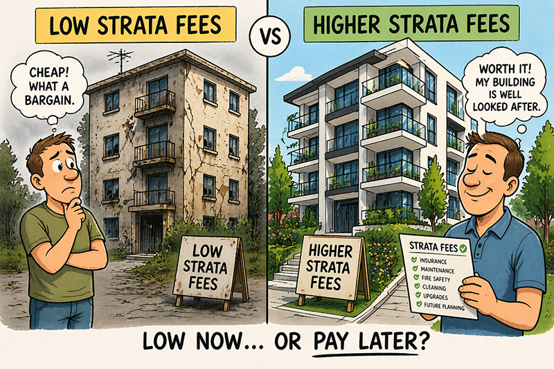 cartoon comparing low strata fees vs higher strata fees showing building condition and maintenance differences
