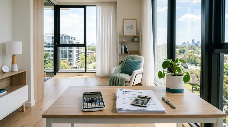 Bright modern apartment desk with calculator and documents, representing owners corporation tax and finances