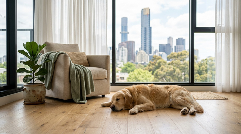 Dog resting in a Victorian apartment where the Owners Corporation allows pets