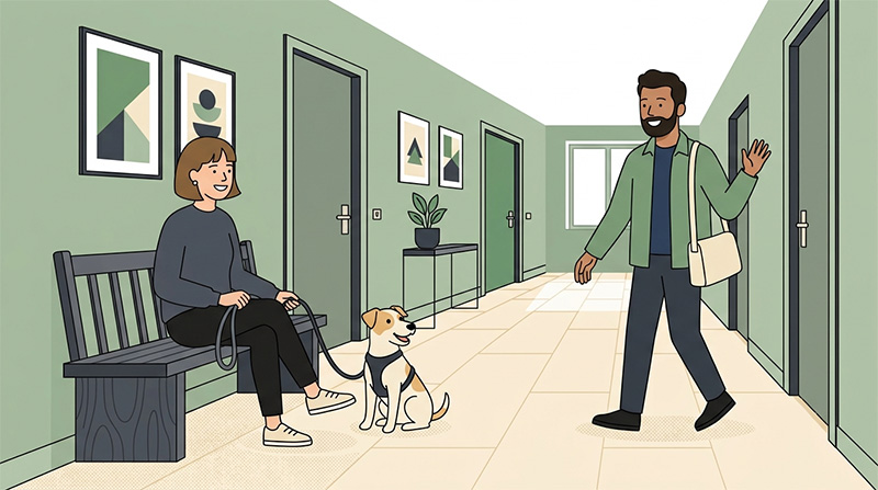 dog on a lead in the hallway of apartment building